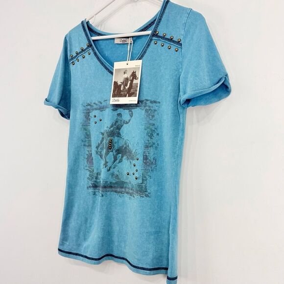 Delila Texas Teal Rodeo Cowboy Graphic V Neck Studded Short Sleeve Shirt NEW - Picture 5 of 16